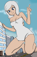 breasts drawing giantess white_hair city color ginormica dress kneeling monsters_vs_aliens susan_murphy dreamworks jennygiantess blue_eyes barefoot cleavage buildings smiling ripped_clothing leaning_on_building looking_at_tinies
