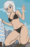 blue_eyes barefoot cleavage buildings smiling ripped_clothing leaning_on_building bare_legs bare_midriff looking_at_tinies bikini breasts drawing giantess white_hair city color ginormica kneeling monsters_vs_aliens susan_murphy dreamworks jennygiantess