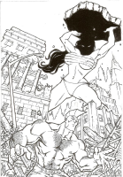 breasts drawing giantess panties city mega monochrome rampage bra makeshift_clothing savage_dragon vintonheuck long_hair destruction ruins debris bare_legs bare_midriff