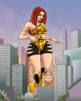 breasts drawing giantess city mega color long_hair handheld buildings brown_eyes giganta asian red_hair boots foot_crush bus vehicles costume top linda_park reporter leopard_print flash dc_comics bare_legs bare_midriff fusion nikoalecsovich thighs dialogue