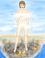 breasts drawing giantess nude feet blushing giga city color destruction water huge_breasts brunette brown_eyes smiling fire legs day abs medium_length_hair looking_down open_mouth mountains censored standing smoke clouds outdoors sky yamumil
