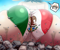 black_hair glasses flag_bra drawing giantess giga city color butt destruction buildings butt_crush day large_butt smoke outdoors hat rear_view thedaibijin sombrero mexico