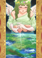 breasts drawing nipples giantess blushing earth wings space color long_hair planet ocean huge_breasts goddess milk gloves green_hair lactation open_mouth clouds closed_eyes semi_nude breast_milk tera groping continents flower_crown cupping_breasts flower_in_hair ryokucha_michi