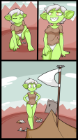drawing giantess white_hair panties comic color destruction rampage buildings smiling short_hair day village walking standing outdoors orange_eyes hands_on_hips goblin jj-psychotic green_skin pointed_ears turnip_(jj-psychotic)