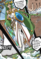 breasts comic long_hair green_eyes goddess smiling tree green_hair dress english jewelry staff tinies ankle_bracelet white_dress necklace bare_shoulders no_panties shield strapless_dress speech_bubble very_long_hair 1girl strapless single_thighhigh 2koma gameplay_mechanics drawing giantess feet toes barefoot stockings foot_crush dirty dialogue palutena kid_icarus galaxytrousers