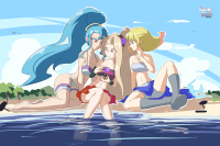drawing giantess feet beach handheld barefoot viridi pit kid_icarus gamefreakdx pandora phosphora bikini breasts blonde large_breasts long_hair swimsuit blue_eyes cleavage skirt water blue_hair purple_eyes smiling ponytail short_hair sitting navel bird bow sarong thigh_strap very_long_hair multiple_girls 3girls purple_bikini soaking_feet