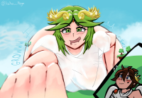 bikini blushing large_breasts long_hair tongue blue_eyes green_eyes brunette green_hair short_hair jewelry shirt necklace top tiara facial_hair izuku_midoriya 1girl 1boy pit_(kid_icarus) laurel_crown breasts drawing growth giantess looming pit palutena kid_icarus wet_t-shirt katsumega