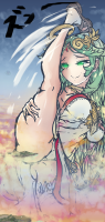 breasts large_breasts long_hair green_eyes goddess smiling green_hair dress sky jewelry looking_at_viewer bracelet tiara bare_shoulders closed_mouth strapless_dress very_long_hair solo 1girl strapless drawing giantess feet giga thighs imminent_crush splits embernaga palutena kid_icarus