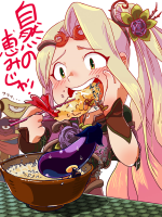 drawing vore shrunken_man food chopsticks dialogue imminent_vore viridi pit kid_icarus dark_pit katou_tom blushing blonde long_hair teeth green_eyes sweat pink_hair rose eating holding bowl flower tattoo sharp_teeth no_background hair_ornament solo hair_flower simple_background 1girl upper_body