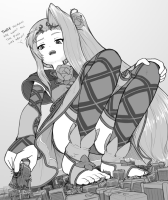 monochrome long_hair barefoot soles dress sitting squatting open_mouth holding thigh_highs looking_at_viewer hair_ornament long_sleeves very_long_hair solo greyscale 1girl toeless_legwear stirrup_legwear drawing crush feet giga city upskirt toes sandals foot_crush finger_crush dialogue viridi kid_icarus alloyrabbit