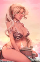 bikini breasts blonde large_breasts long_hair swimsuit blue_eyes cleavage green_eyes lips ponytail sitting choker looking_at_viewer solo 1girl high_ponytail giantess star_wars leia mountolympuscomics cosplay tatooine