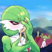 drawing giantess pokemon blushing anthro color large_breasts handheld cleavage red_eyes green_hair day gardevoir blowjob oral_sex outdoors sky kirlia rooftop looking_at_tiny stupidsxysensei