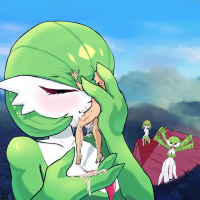drawing giantess pokemon blushing anthro color large_breasts cum handheld cleavage green_hair day gardevoir blowjob oral_sex outdoors sky kirlia closed_eyes rooftop looking_at_tiny stupidsxysensei