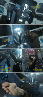 toes sitting finger_crush chair indoors legs_crossed pinched mandalorian breasts armor handheld barefoot gloves star_wars shrunken_man helmet looking_at_tiny stormtrooper digital_render bo_katan xiraz247