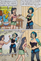 breasts drawing growth giantess comic color cleavage dialogue gwen total_drama_island courtney heather ladynin-chan blonde black_hair blue_hair angry brunette asian ponytail shorts drink dark_skin goth indoors splash top ripped_clothing bench fists bare_midriff hair_streak bridget