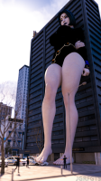 mega black_hair large_breasts short_hair thighs police_car bare_legs police_officer hair_streak leaning_against_building breasts giantess city barefoot buildings raven teen_titans foot_crush costume belt leotard digital_render dc_comics meiirii