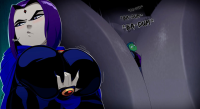 breasts drawing color cleavage purple_hair raven teen_titans green_hair beast_boy shrunken_man costume leotard green_skin dc_comics grey_skin cutaway ravenravenraven between_breasts large_breasts purple_eyes short_hair cape clothing_entrapment heart_beat
