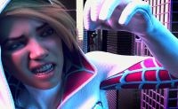 giantess city mega blonde handheld buildings hood pinched looking_at_tiny digital_render gwen_stacy miles_morales spider-man marvel_comics spider-gwen allthesizepuns dangle costume