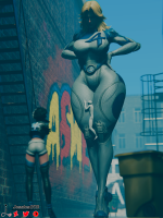 white_hair black_hair butt boots shorts thighs thick_thighs digital_render breasts giantess blonde thigh_crush fantastic_four belt hands_on_hips anon invisible_woman marvel_comics susan_storm jessicagts luna_snow marvel_rivals