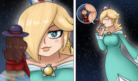 giantess space kissing lesbians super_mario cosmic_giantess princess_rosalina pauline breasts drawing blushing earth blonde comic color long_hair butt brunette multiple_sizes sitting crown giantesses hat earrings stars sitting_on_planet cutaway