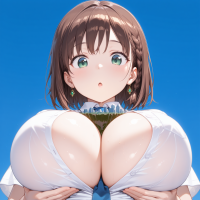 giantess giga size_difference city cleavage green_eyes huge_breasts brunette short_hair uniform looking_down sky earrings white_shirt necktie parted_lips between_breasts ai_art ai-chan tawawa_on_monday side_braid yuegts tawawa_challenge