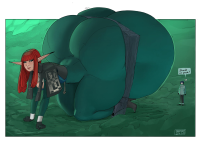 breasts long_hair butt blue_eyes lips gloves red_hair forest thighs big_butt berggie thick_thighs pointed_ears 1girl blunt_bangs giantess fairy elf