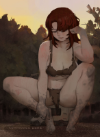 giantess breasts panties large_breasts long_hair barefoot cleavage underwear red_hair short_hair squatting shorts short_shorts vehicles closed_eyes top black_panties closed_mouth solo 3ts-art medium_breasts 1girl collarbone hand_in_hair