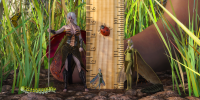 breasts white_hair blonde black_hair large_breasts long_hair cleavage high_heels gloves red_hair dress boots weapon standing holding bird black_gloves cape thigh_highs black_dress elbow_gloves long_sleeves black_legwear mundogts very_long_hair multiple_girls side_slit juliet_sleeves black_footwear giantess fairy shrunken_man sprite