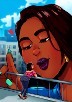 giantess breasts black_hair red_eyes brunette lips short_hair kissing day heart cloud pants dark_skin outdoors sky sweater shirt jitensha blurry makeup green_nails meme thick_eyebrows blurry_background