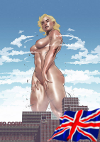 giantess mega breasts nipples nude city blonde large_breasts long_hair blue_eyes lips navel day skyscraper cloud standing athletic sky british redgvicente solo medium_breasts 1girl
