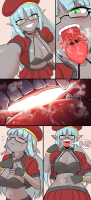 drawing giantess vore blushing comic color tongue clothed teeth cleavage bra skirt glasses saliva green_eyes blue_hair huge_breasts smiling elf uvula mawshot belly open_mouth inside_mouth dark_skin swallowed hat choker point_of_view breath pointed_ears burping bare_midriff nobunagapero gloves no_background