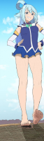 breasts giantess feet blushing long_hair blue_eyes barefoot skirt blue_hair smiling hand grin day standing shirt looking_at_viewer bare_shoulders hands_on_hips blue_shirt detached_sleeves smug aqua_(konosuba) solo medium_breasts 1girl full_body hair_rings v-shaped_eyebrows