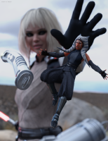 pants tattoo headband looking_at_tiny digital_render togruta the_force breasts white_hair horns alien gloves boots shrunken_woman belt lightsaber orange_skin caddyisraddy ahsoka_tano jedi shin_hati lekku