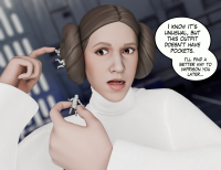 breasts armor handheld brunette brown_eyes dress star_wars shrunken_man helmet stormtrooper digital_render hair_buns leia looking_at_tinies dwighteisenhower indoors dialogue princess_leia