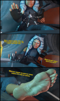 breasts giantess horns comic armor barefoot gloves star_wars dialogue digital_render orange_skin ahsoka_tano jedi xiraz247 black_hair blue_eyes toes sitting glass pants tattoo looking_at_tiny stormtrooper the_force lekku