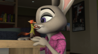 breasts furry tail bunny purple_eyes fox table shrunken_man hugging indoors disney digital_render judy_hopps zootopia nick_wilde marcusthedeer couple shirt looking_at_tiny orange_skin grey_skin