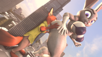 butt cleavage huge_breasts couple pants thighs looking_behind thick_thighs orange_skin bare_legs grey_skin bare_midriff bikini breasts giantess furry tail city mega giant bunny buildings purple_eyes fox multiple_sizes disney digital_render judy_hopps zootopia nick_wilde marcusthedeer