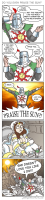 breasts giantess comic large_breasts armor glasses brunette dress short_hair shrunken_man hat helmet 4koma multiple_boys jdeberge gwynevere_princess_of_sunlight dark_souls
