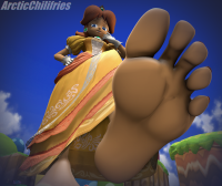 breasts giantess feet blue_eyes toes soles brunette lips dress short_hair day cloud english dark_skin sky jewelry point_of_view from_below earrings bracelet princess_daisy digital_render foreshortening solo 1girl pov_feet arcticchilifries