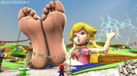 breasts giantess feet blonde long_hair butt blue_eyes toes barefoot princess_peach soles crown jewelry nail_polish earrings looking_at_viewer digital_render solo 1girl pov_feet arcticchilifries