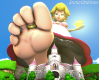 breasts giantess feet size_difference blonde long_hair blue_eyes mario princess_peach high_heels shoes smiling lips gloves dress mushroom day crown jewelry point_of_view earrings looking_at_viewer bracelet spikes digital_render coin spiked_collar 1girl pov_feet arcticchilifries spiked_bracelet