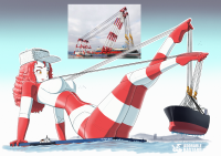 drawing giantess color large_breasts water yellow_eyes red_hair sitting legs thighs ships stripes crane white_skin red_skin thick_thighs gijinka adorablebastard hyundai_10000