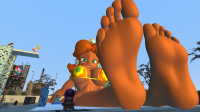 breasts giantess feet large_breasts long_hair butt blue_eyes toes barefoot soles smiling underboob athletic sky jewelry from_below looking_at_viewer princess_daisy digital_render foreshortening solo signature 1girl pov_feet giantinklingfan