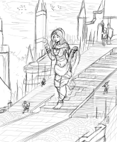 breasts giantess monochrome long_hair barefoot weapon sketch standing jewelry hood dark_souls flameeliwood solo greyscale 1girl gwynevere_princess_of_sunlight