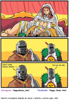 breasts giantess comic large_breasts long_hair cleavage red_hair closed_eyes hood dark_souls sarashi 1girl gwynevere_princess_of_sunlight