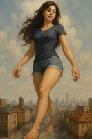 giantess breasts city black_hair long_hair barefoot buildings brunette lips day shorts town short_shorts walking skyscraper standing nose outdoors sky shirt denim denim_shorts short_sleeves parted_lips solo realistic t-shirt ai_art 1girl full_body fine_art_parody