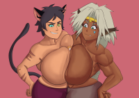breasts drawing gentle giantess white_hair tail black_hair color blue_eyes crossover cleavage huge_breasts cat_ears yellow_eyes smiling muscles medium_length_hair shrunken_man giantesses cat_girl dark_skin athletic voluptuous freckles semi_nude hand_on_hips heterochromia looking_at_tiny pointed_ears outlaw_star aisha_clanclan circlet between_breasts catra she-ra_and_the_princesses_of_power tool01k she-ra