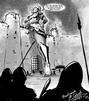 giantess comic monochrome knights weapon standing hat solo greyscale reclusiveghost 1girl 1boy dated medieval_times