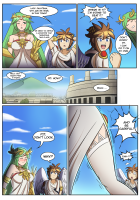 breasts blushing blonde comic long_hair armor blue_eyes green_eyes brunette goddess gloves green_hair dress short_hair day open_mouth cloud english sky jewelry white_dress earrings tiara bare_shoulders palutena one_eye_closed very_long_hair multiple_girls 1girl 1boy pit_(kid_icarus) laurel_crown engrish_text