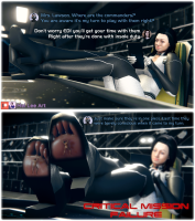 breasts nude comic boots shrunken_woman shrunken_man dialogue legs_crossed digital_render mass_effect miranda_lawson edi meileehs black_hair robot blue_eyes toes high_heels sitting table chair jumpsuit tablet boot_entrapment